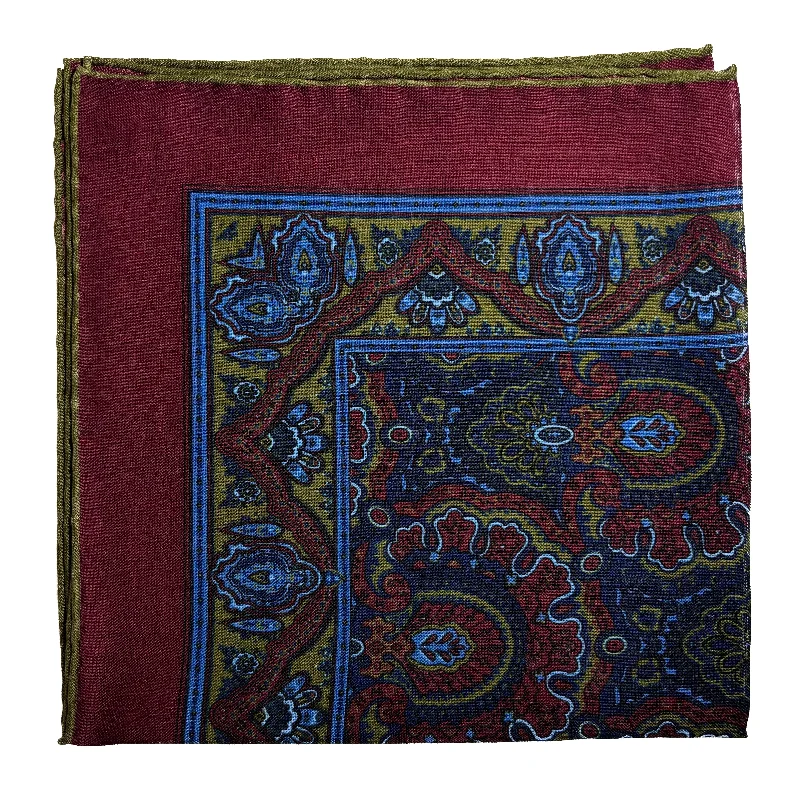 Dominus - Burgundy & Olive Green - Wool/Silk Pocket Square