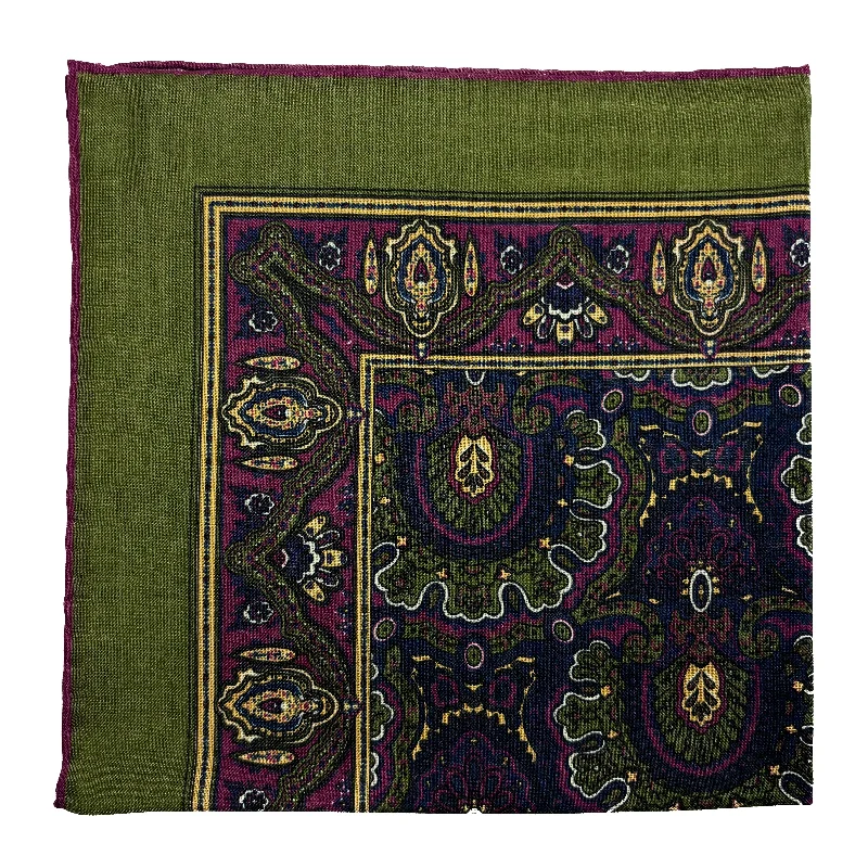 Dominus - Olive Green & Magenta - Wool/Silk Pocket Square