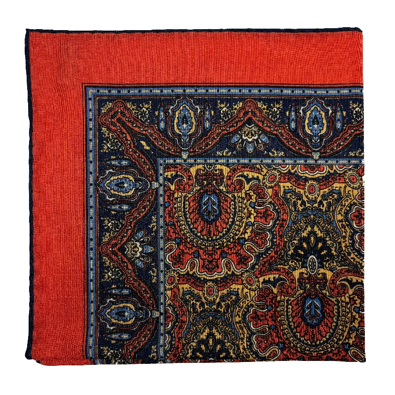 Dominus - Orange & Navy Blue - Wool/Silk Pocket Square