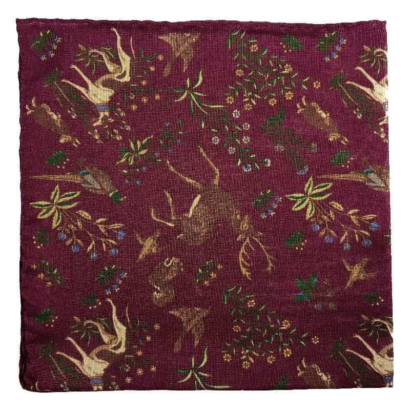 Terra - Floral Animal Motif - Burgundy - Wool/Silk Pocket Square