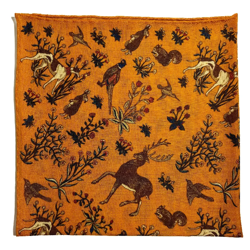 Terra - Floral Animal Motif - Mustard Yellow - Wool/Silk Pocket Square