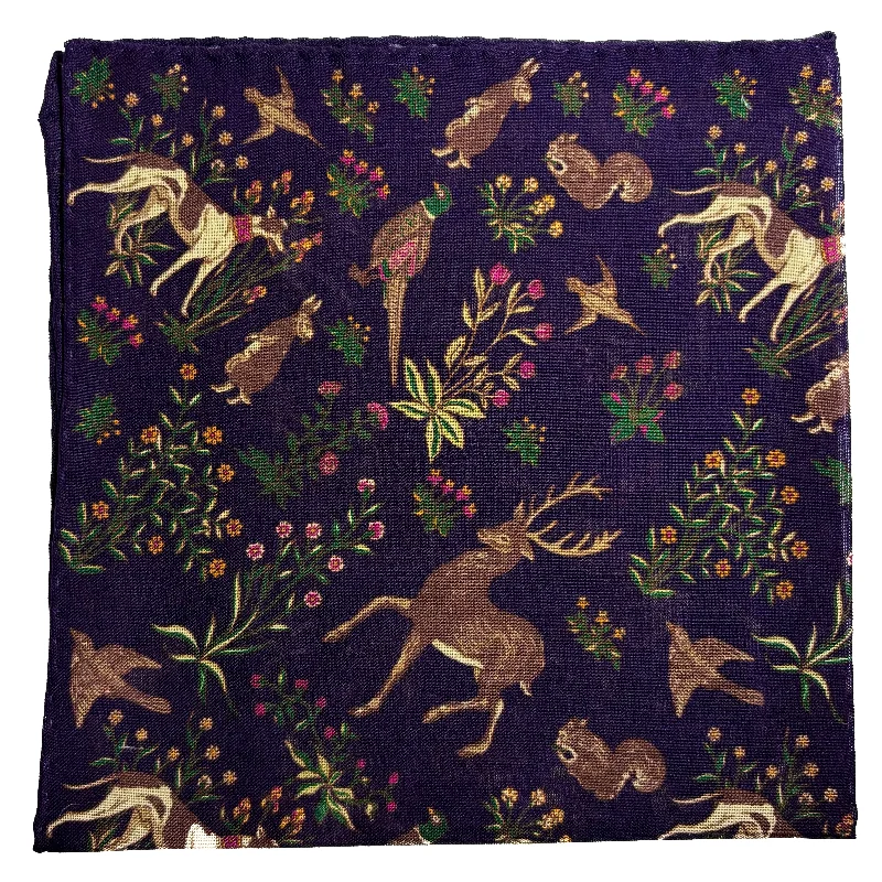 Terra - Floral Animal Motif - Purple - Wool/Silk Pocket Square