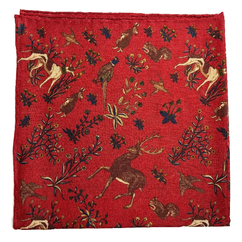 Terra - Floral Animal Motif - Red - Wool/Silk Pocket Square