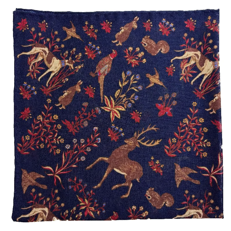 Terra - Floral Animal Motif - Navy Blue - Wool/Silk Pocket Square