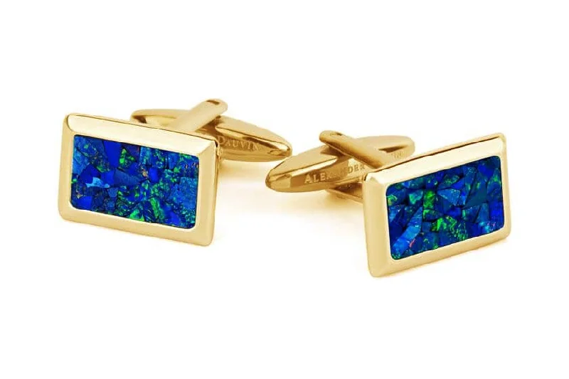 Australian Rectangle Opal Cufflinks (Blue Yellow Gold)