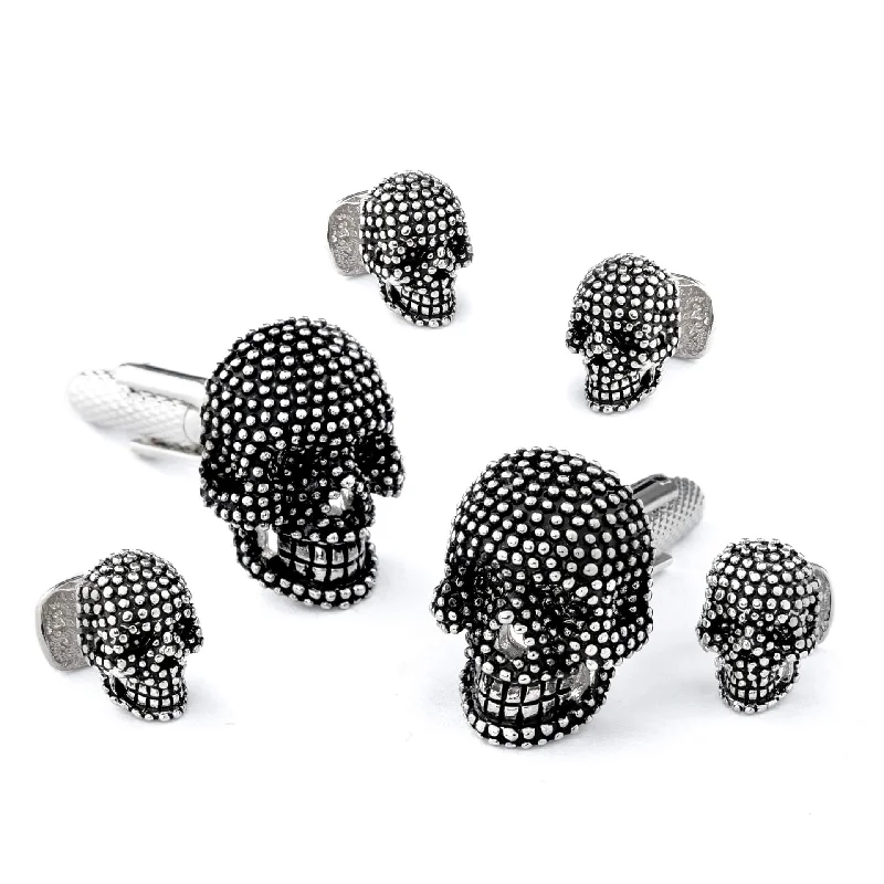 Black Dotted Silver Skull Cufflinks & Stud Set