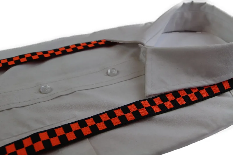 Boys Adjustable Orange & Black Checkered Patterned Suspenders