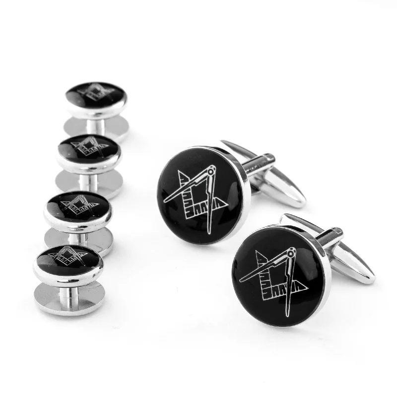 Freemason Masonic Logo Round Silver Cufflinks and Studs Set