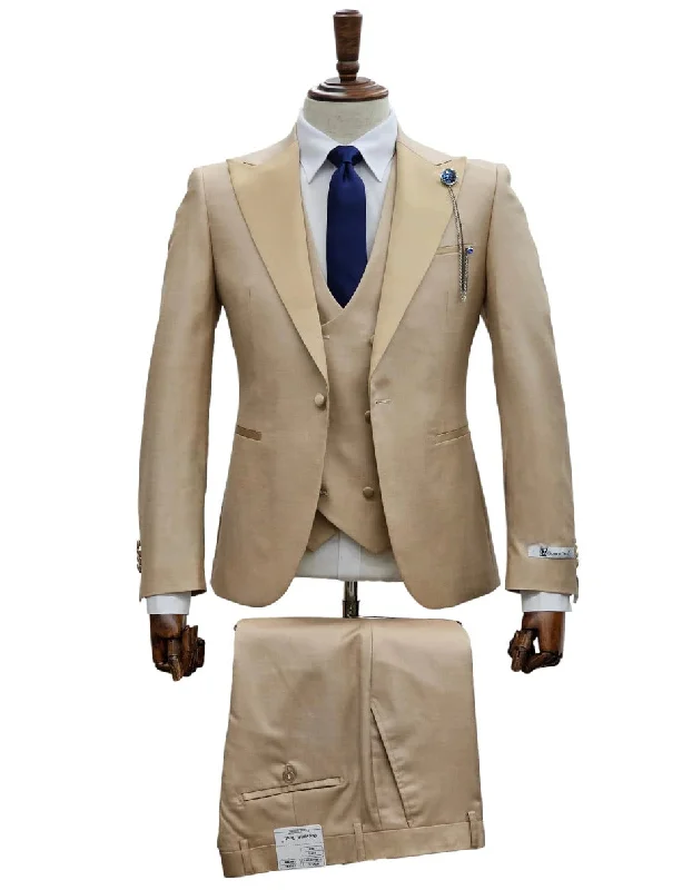 Giovanni Testi Suits With Double Breasted Vest - 3 Pieces Tan Peak Lapel Suit