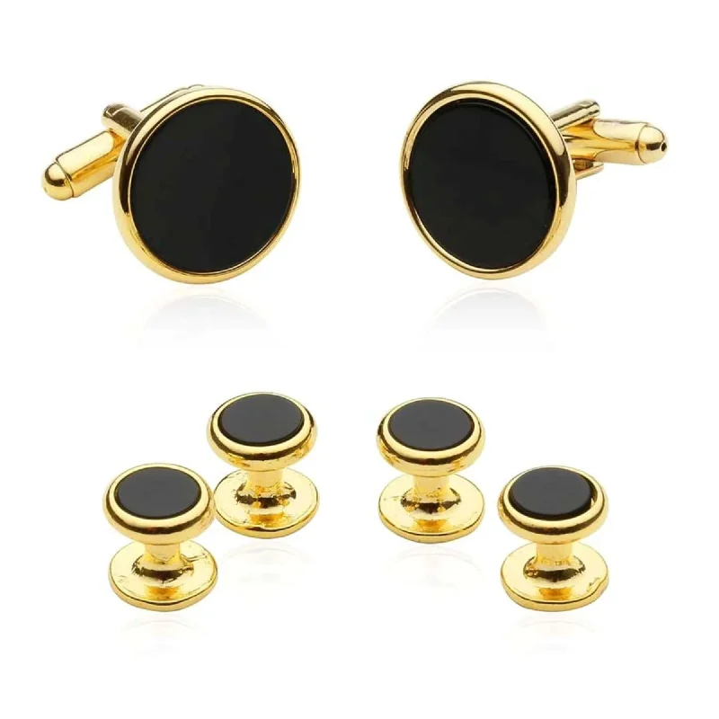 Gold Round Onyx Cufflinks and Stud Set