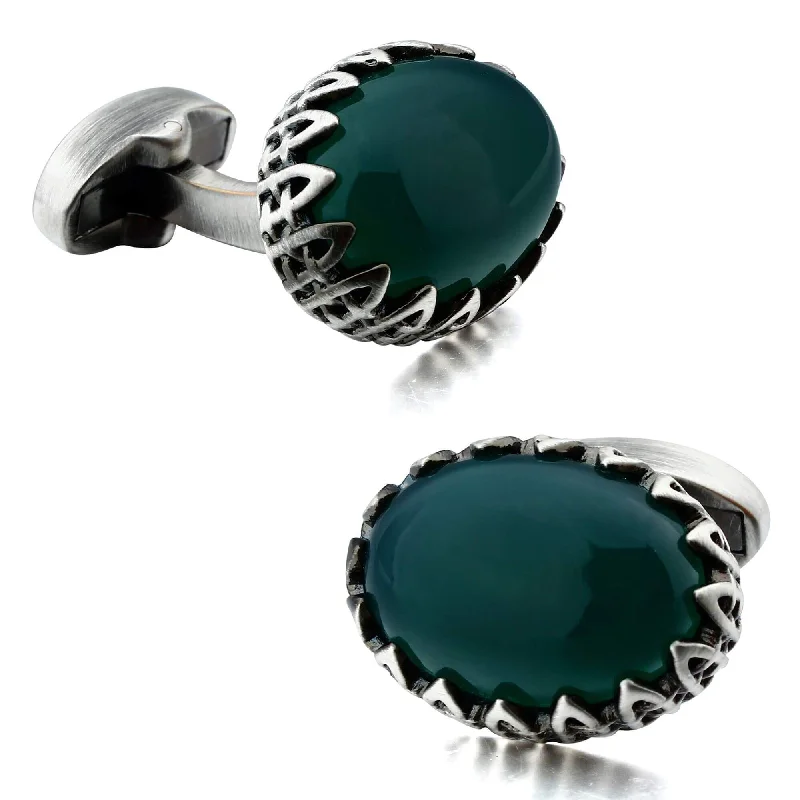 Green Agate in Antique Silver Cufflinks