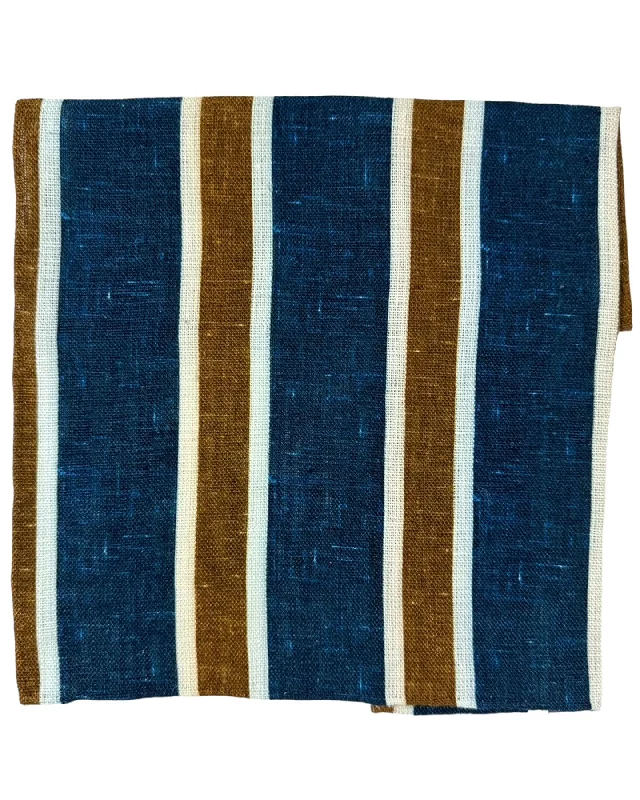 Kiton Linen Pocket Square Dark Blue Brown Stripes FINAL SALE