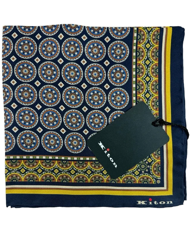 Kiton Silk Pocket Square Dark Blue Olive Green Medallion