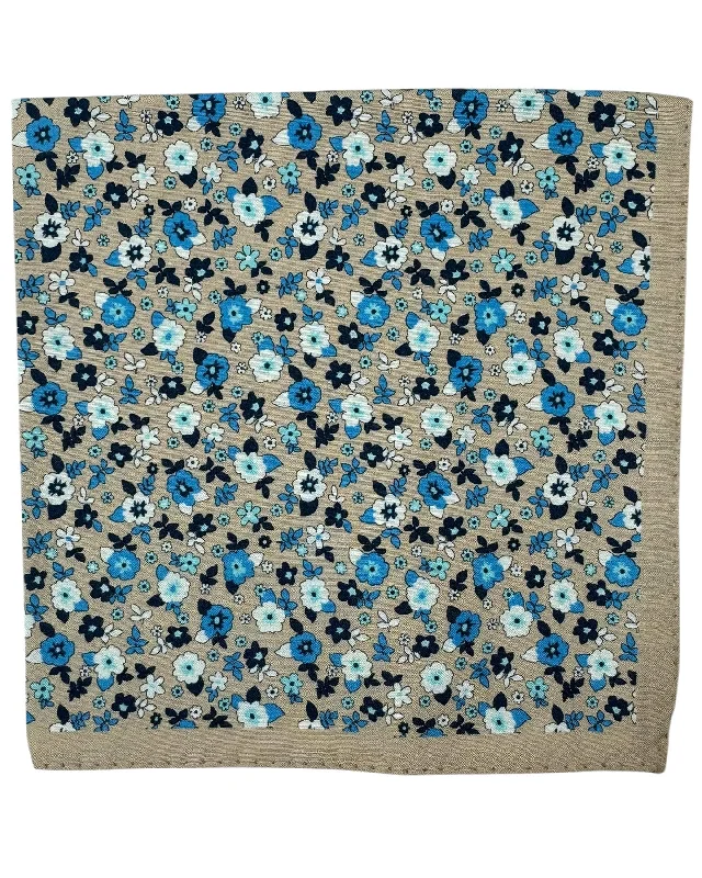 Luigi Borrelli Silk Pocket Square Taupe Blue White Mini Flowers