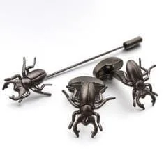 Matte Gunmetal Beetle Cufflinks and Stick Pin