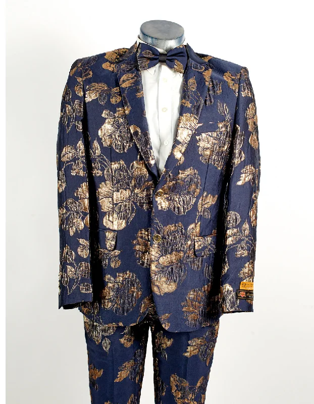 Mens 2 Button Navy Blue & Gold Foil Floral Paisley Prom & Wedding Tuxedo