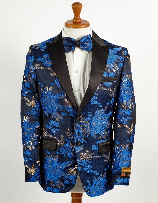 Mens 2 Button Royal Blue and Gold Foil Paisley Tuxedo Blazer