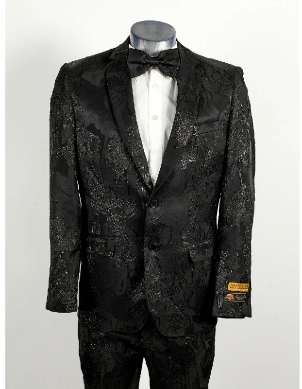 Mens 2 Button Shiny Black on Black Floral Paisley Prom & Wedding Tuxedo