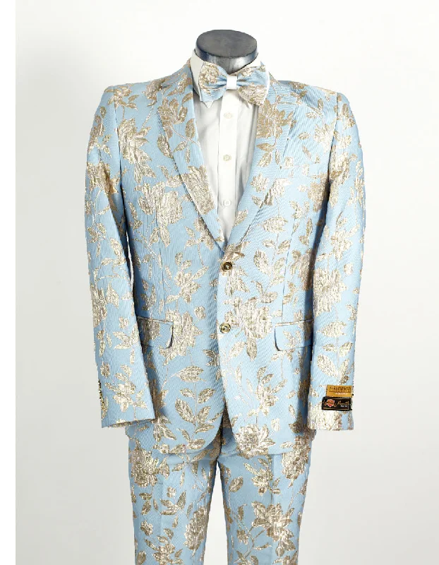 Mens 2 Button Sky Blue & Silver Foil Paisley Prom & Wedding Tuxedo