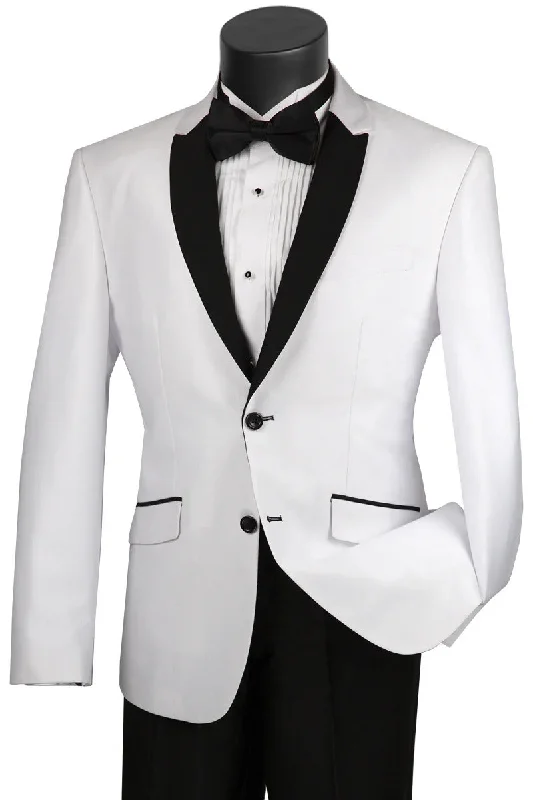 Mens 2 Buttton Slim Contrast Peak Lapel Narrow Tuxedo in White