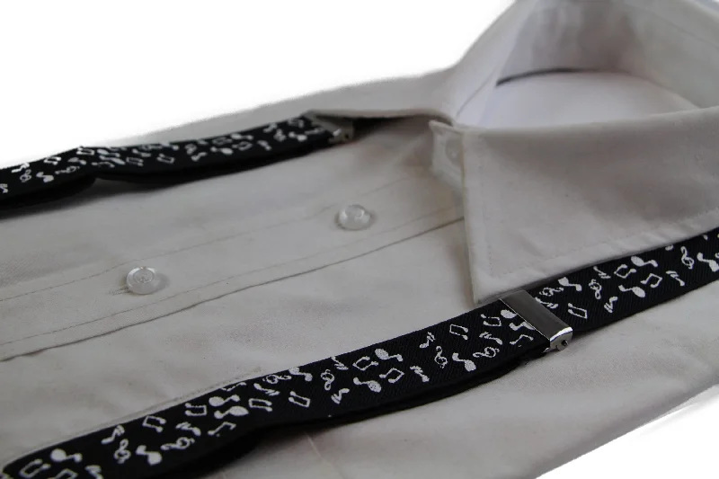 Mens Adjustable Black With White Music Notes Patterned Suspenders