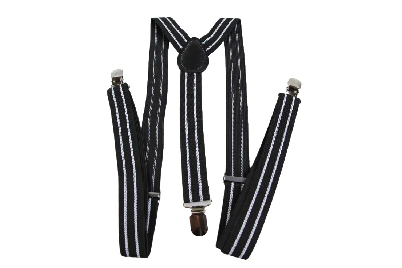 Mens Adjustable Black And 2 White Stripes Patterned Suspenders