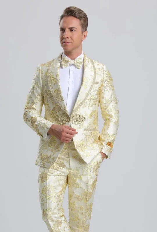 Men's Fancy Ivory & Gold Floral Paisley Prom Tuxedo with Gold Trim