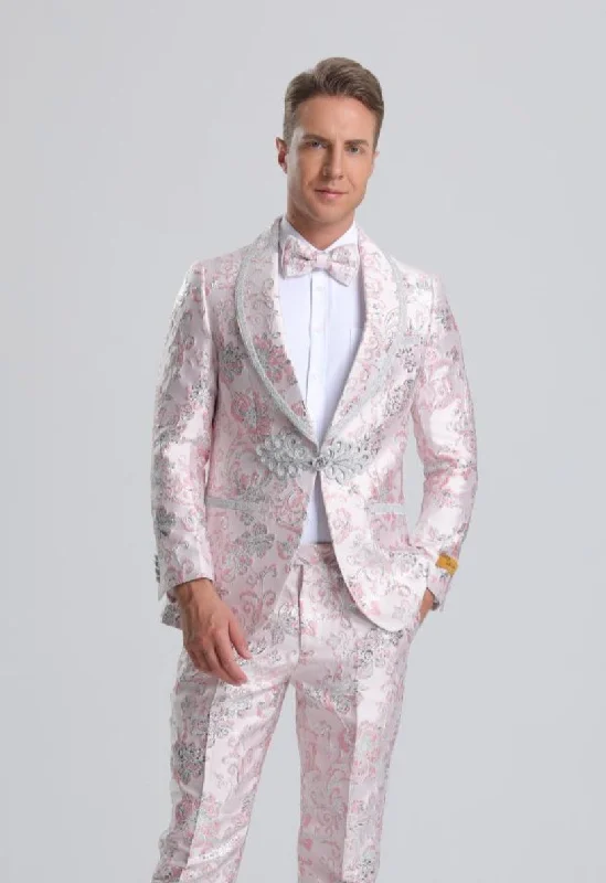 Men's Fancy Pink Floral Paisley Prom Tuxedo with Silver Trim