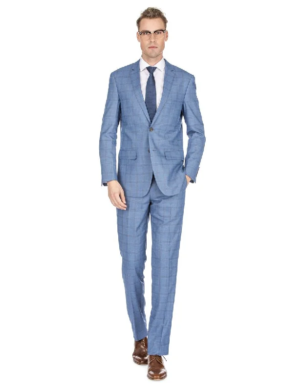 Mens Modern Fit Plaid Suit Blue