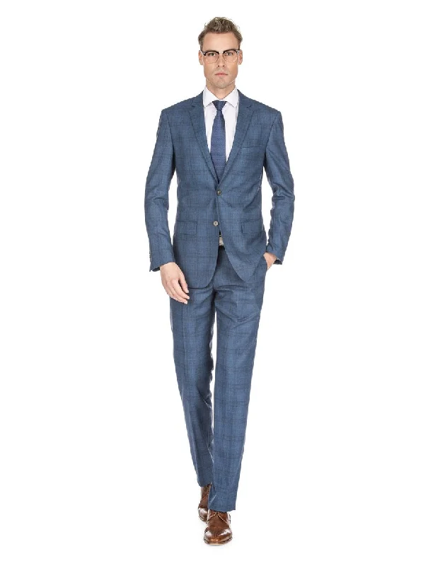 Mens Modern Fit Plaid Suit Indigo