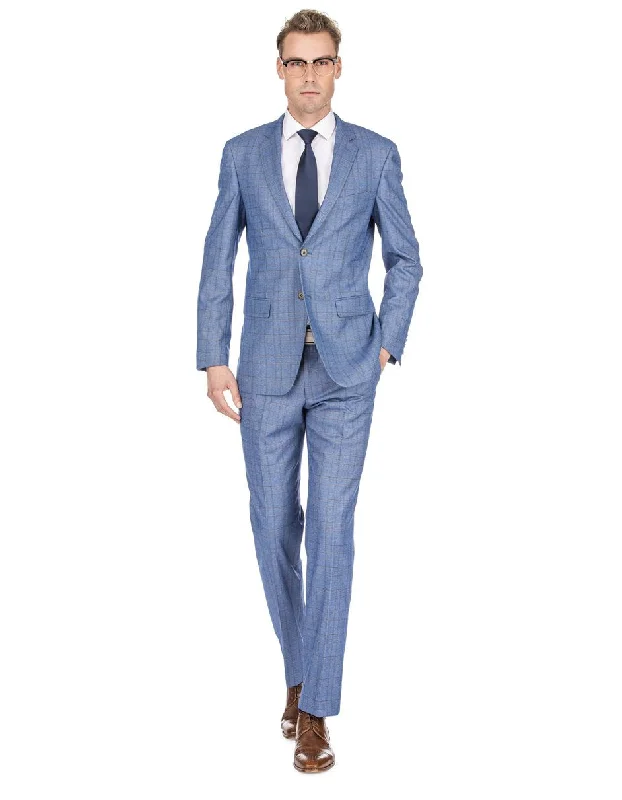 Mens Modern Fit Plaid Suit Light Blue