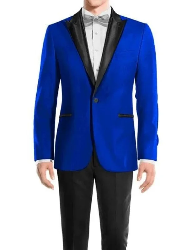 Mens Royal Blue One Button Peak Black Lapel Wool Tuxedo