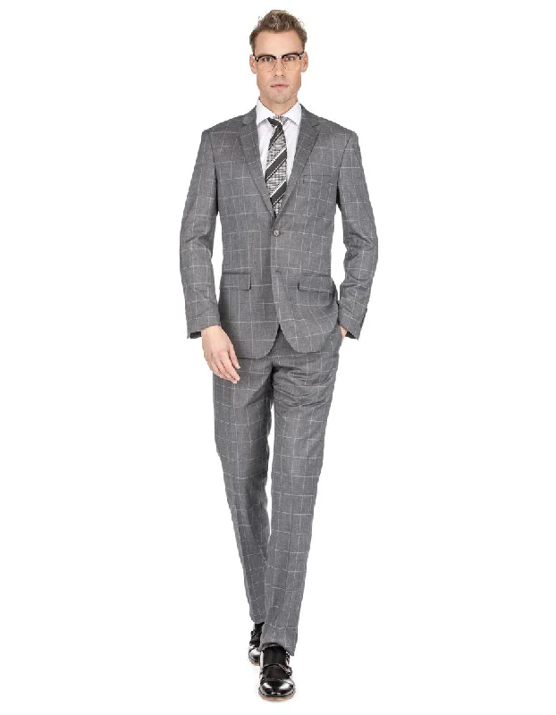 Mens Slim Fit Window Pane Suit Medium Grey