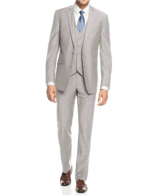 Mens Smart Slim Vested Suit Light Grey