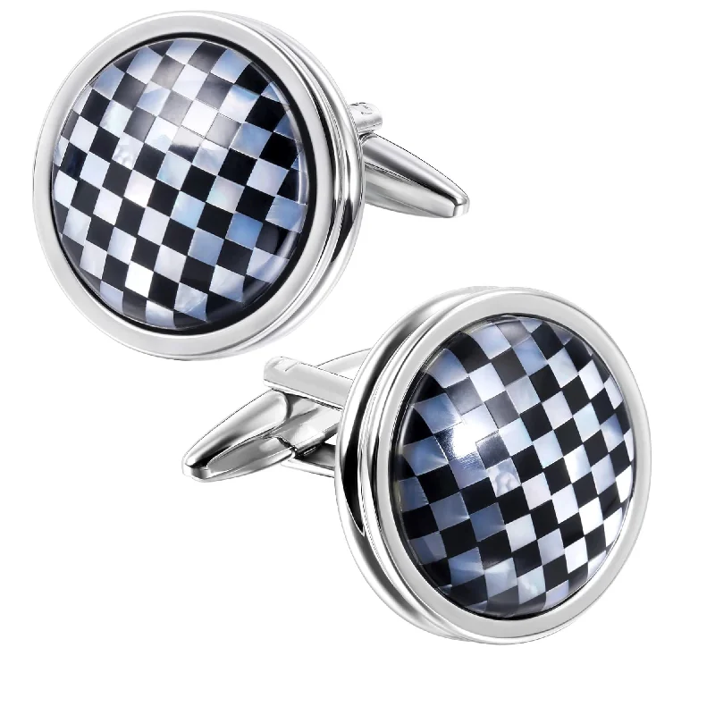 Mother of Pearl and Black Checkerboard in Round Silver Cufflinks