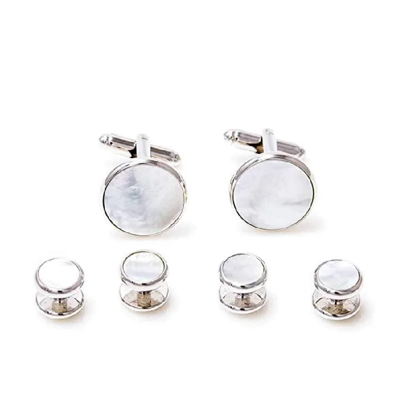 Silver Round Mother of Pearl Cufflinks and Stud Set