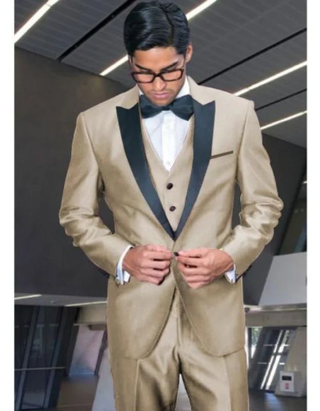 Tan ~ Beige ~ Sand Color Peak Lapel Tuxedo Vested 3 Piece Suit By Alberto Nardoni Tux Formalwear Tan Tuxedo - Beige Tuxedo